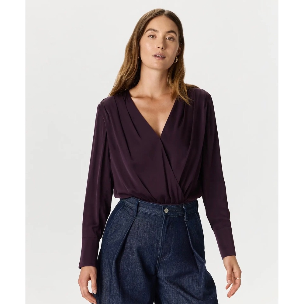 Quince Washable Stretch Silk Surplice Bodysuit Deep Orchid Purple Small NEW